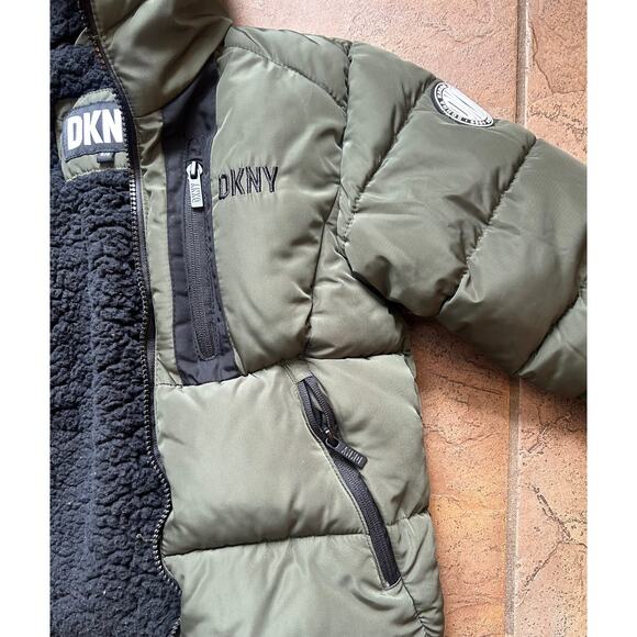 DKNY Olive Green Puffer Jacket Sherpa Lined Hooded Winter Coat - Picture 4 of 6